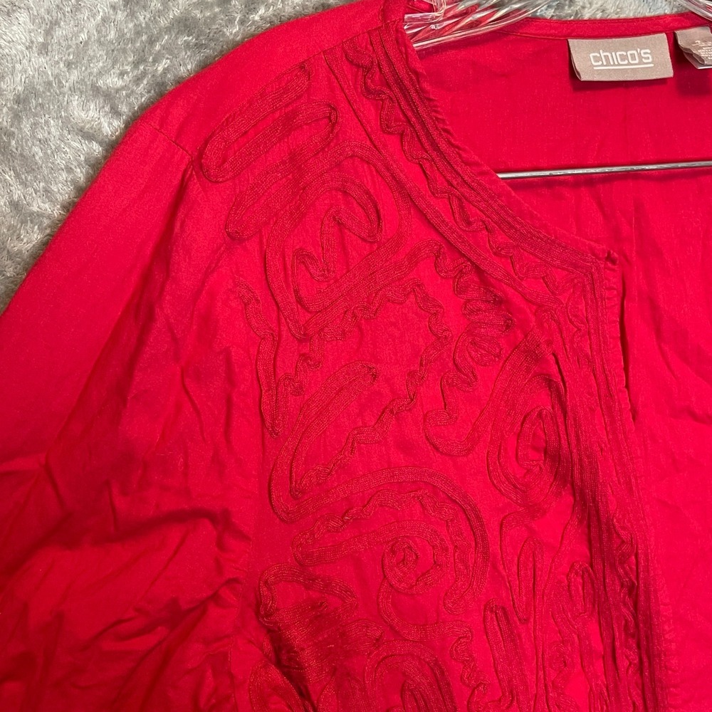 Chicos 2 Women Embroidered Open Front Cardigan L Red Artsy Casual Chic Capsule